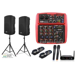 Pack SKP Set amplificacion + 2 Microfono inalambrico + Mixer 6 canales FX +2 parlantes de 12″400 W