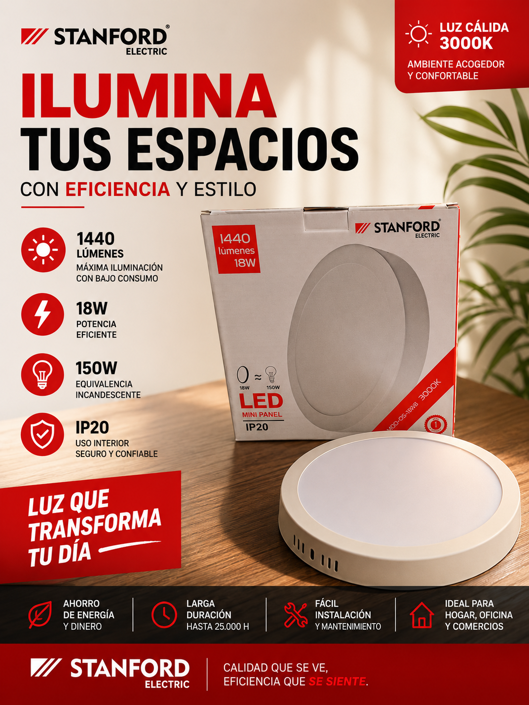 FOCO LED STANFORD 18W 3000K SOBREPUESTO PARA TECHO LUZ CÁLIDA - Imagen 1